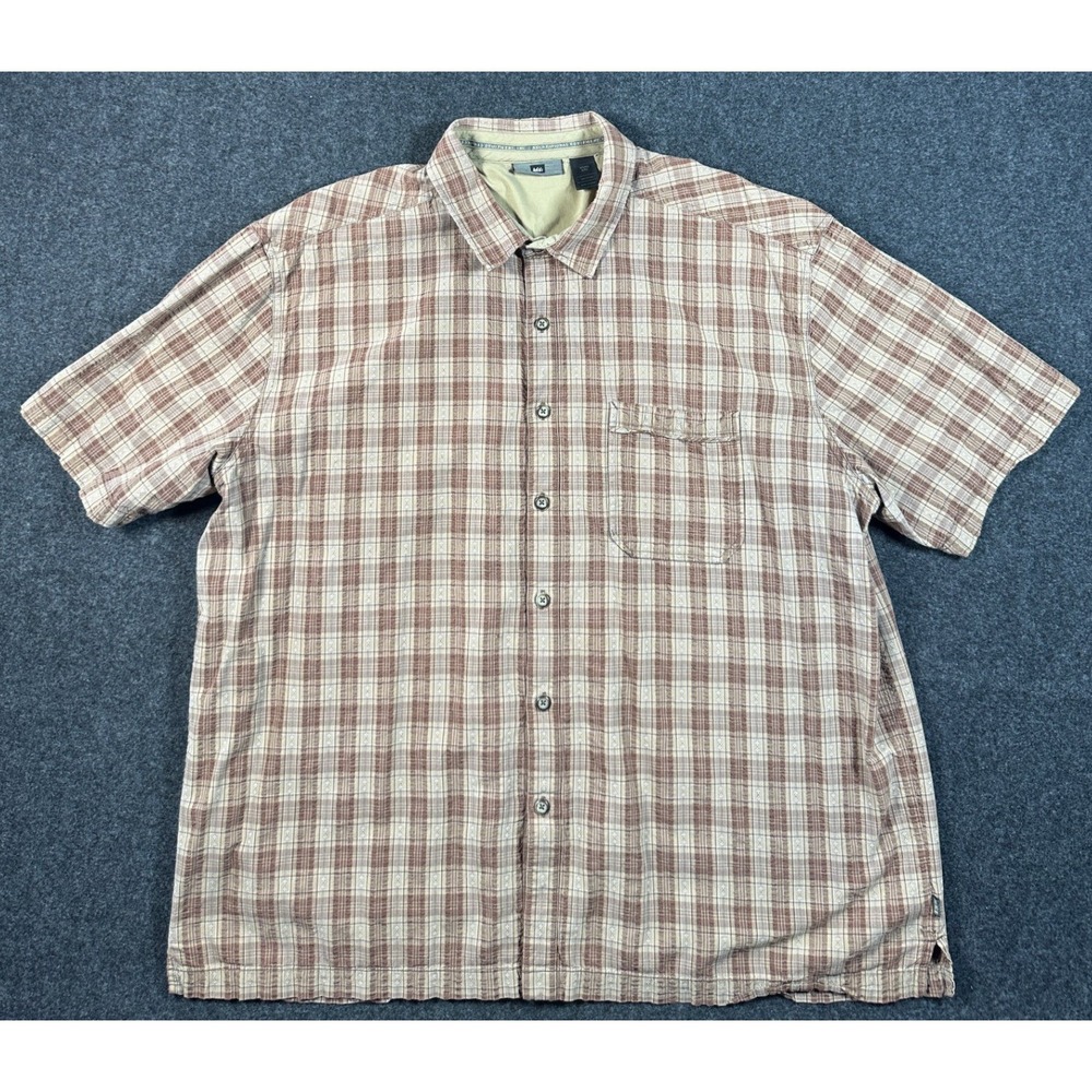 REI Mens XXL Brown Plaid Seersucker Cotton Short Sleeve Button Down Shirt